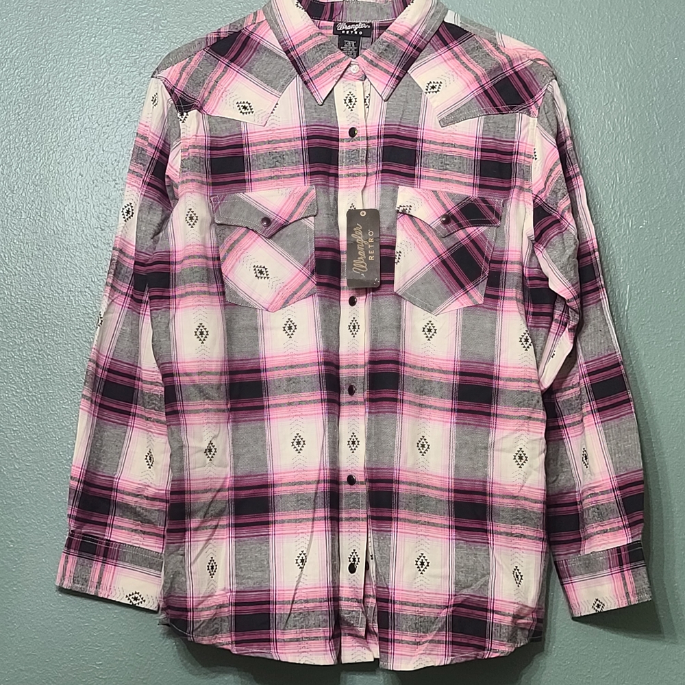 Wrangler Retro Plaid Pink and Gray Women's Shirt L NWT